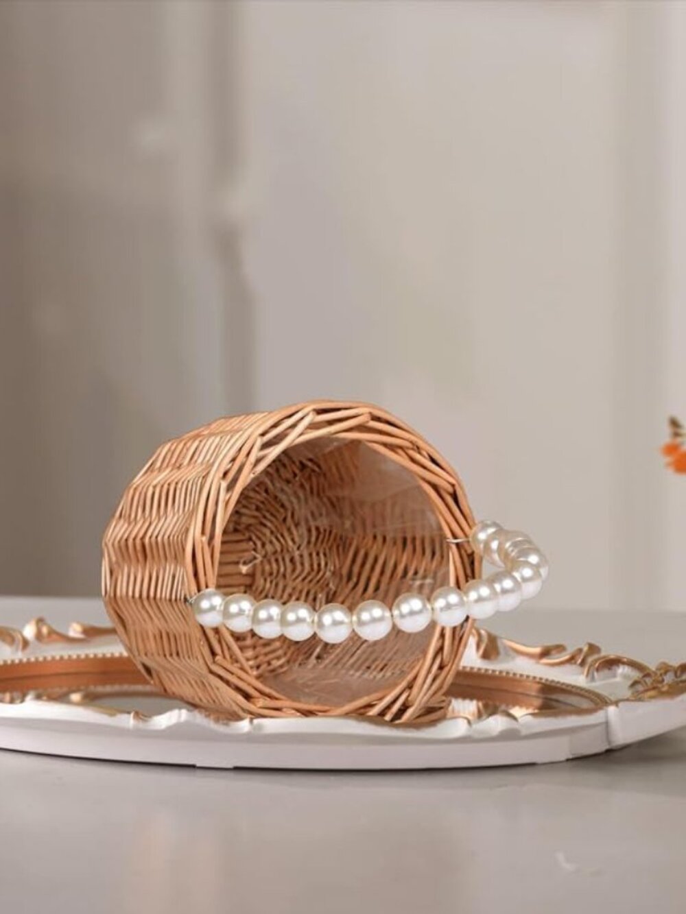 Wicker Rattan Flower Girl Basket,Pearl Handle Flower Basket,Flower Girl Basket f - Picture 7 of 8